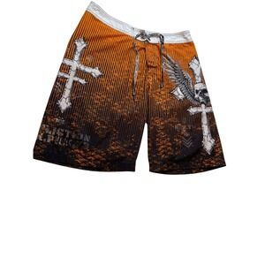 Affliction Mens Board Shorts Orange Black Skull Cross MMA Swim Trunks Size 36